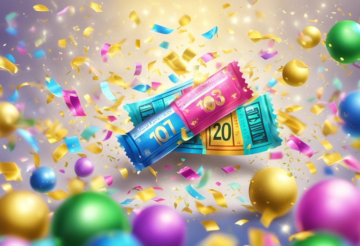 A glowing lottery ticket surrounded by confetti and champagne