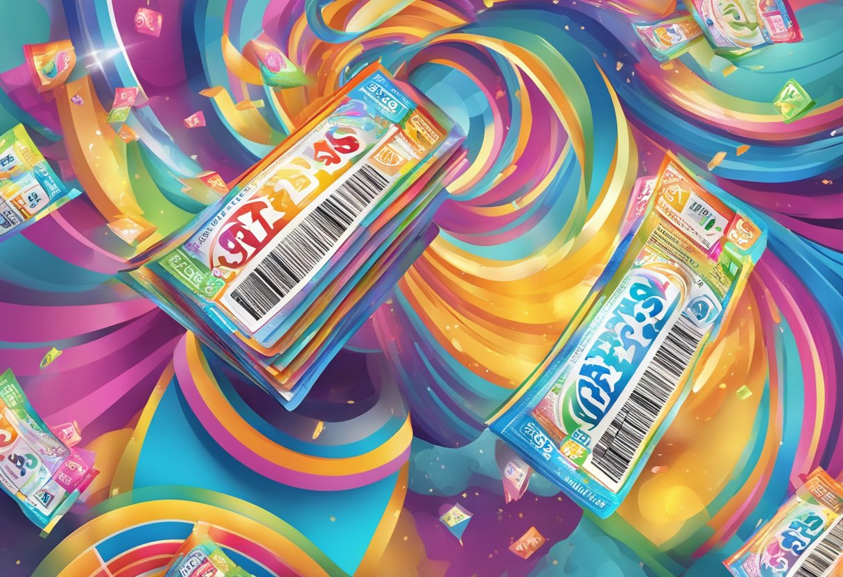 A colorful lottery ticket being held up with excitement