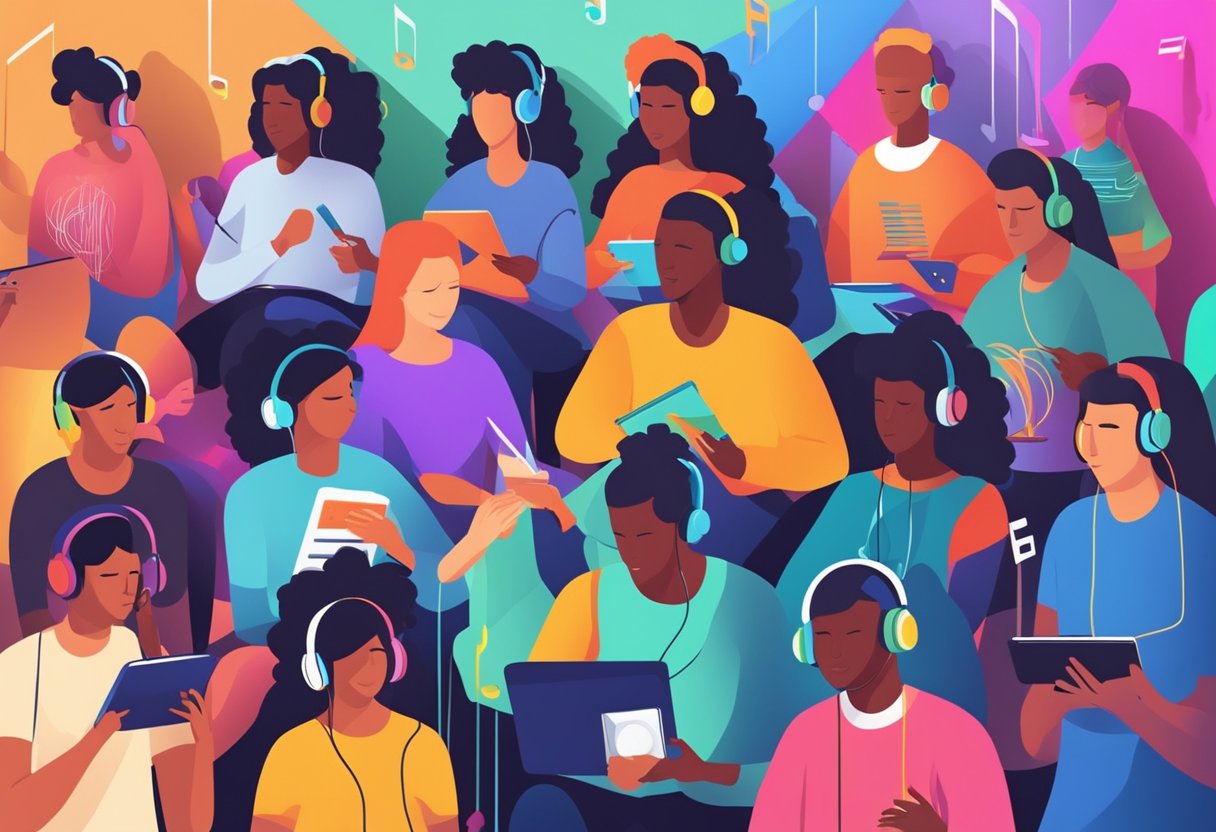 A diverse group of people listening to music on various devices, surrounded by colorful sound waves and musical notes