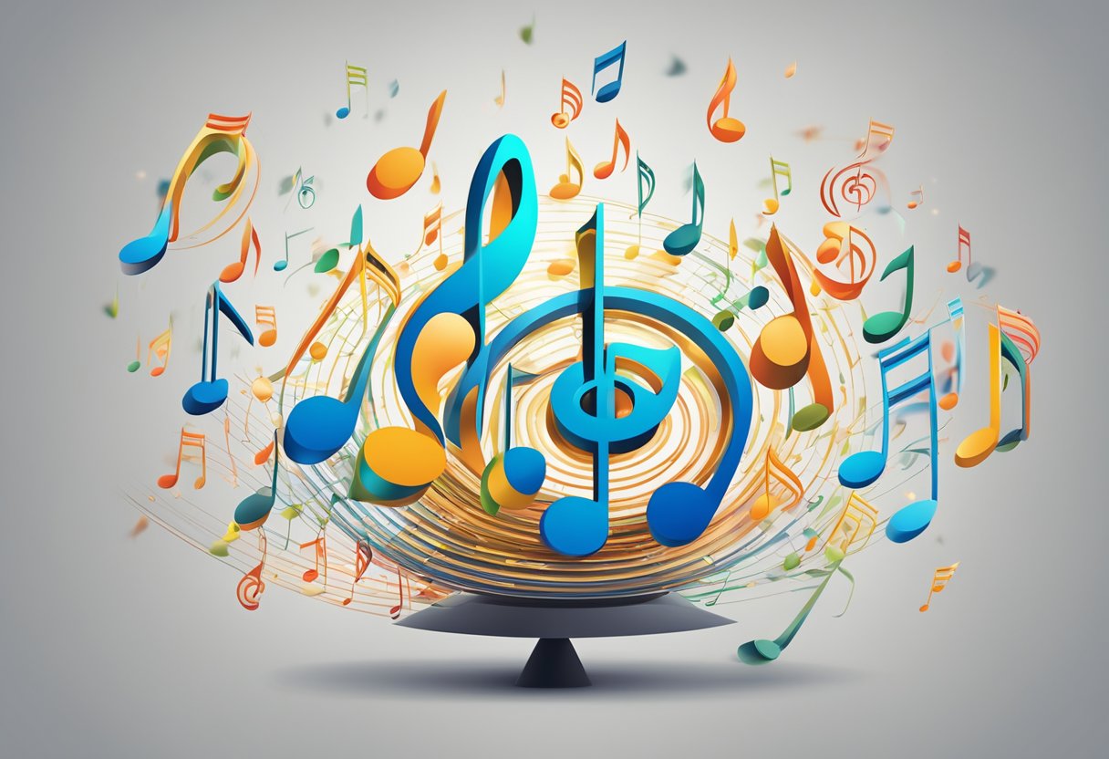 A diverse group of musical notes and symbols swirling around a central point, representing the wide range of music available on Spotify's web player