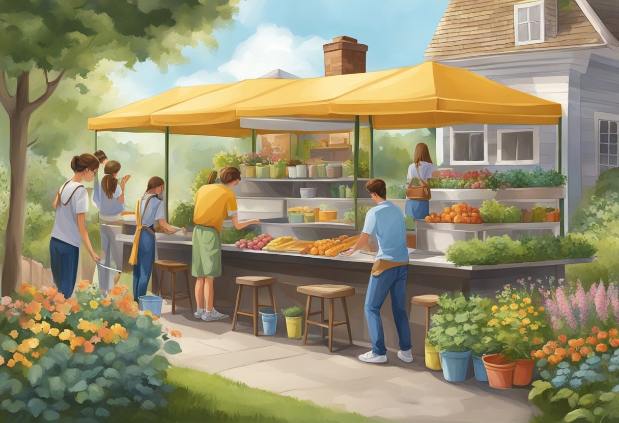 A group of 15-year-olds working in a garden, painting a mural, or serving at a food stand