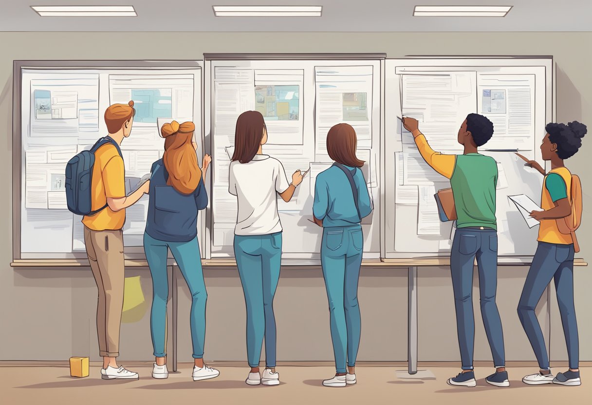 A group of teenagers eagerly scanning job postings on a community bulletin board. Some are pointing excitedly, others taking notes