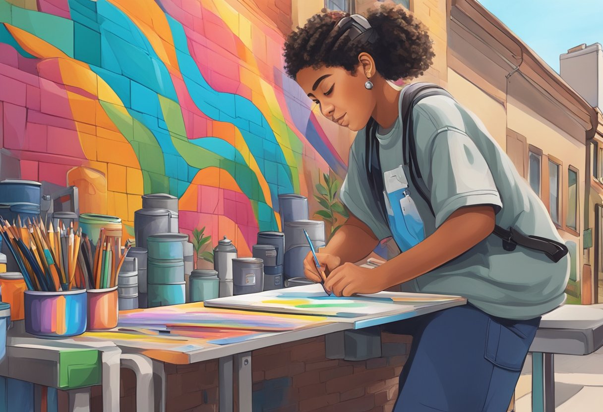 A 15-year-old creating colorful murals on city walls, surrounded by art supplies and a supportive community